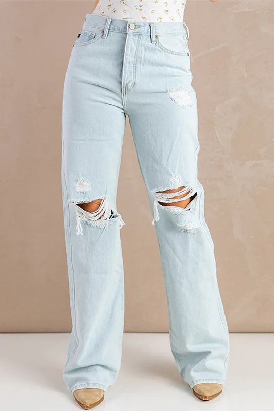 Sky Blue Washed Ripped Knee Wide Legs Jeans Trendy Patchwork Denim Jeans