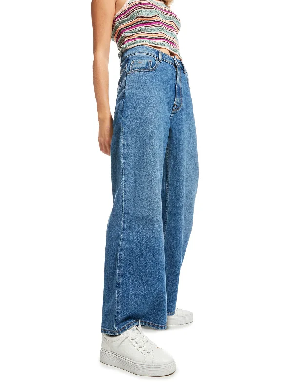 Surf On Cloud High Wide Leg Jeans - Medium Blue Stylish Acid-Wash Jeans