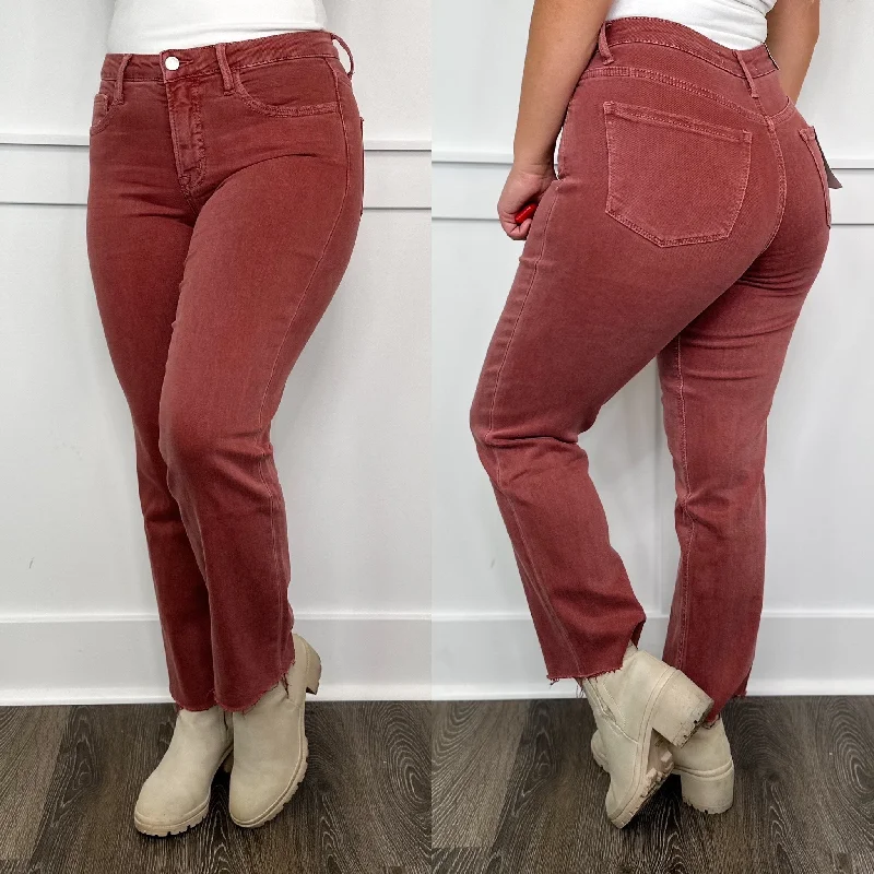 Flying Monkey Vervet Jen Tummy Control High Rise Fray Hem Cropped Wine Straight Leg Jeans Fashionable Straight Cut Jeans