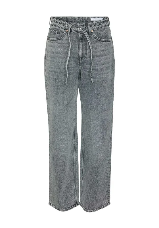 Vero Moda Tessa Belted Wide Leg Jeans, Medium Grey Denim Fashionable Mom Jeans