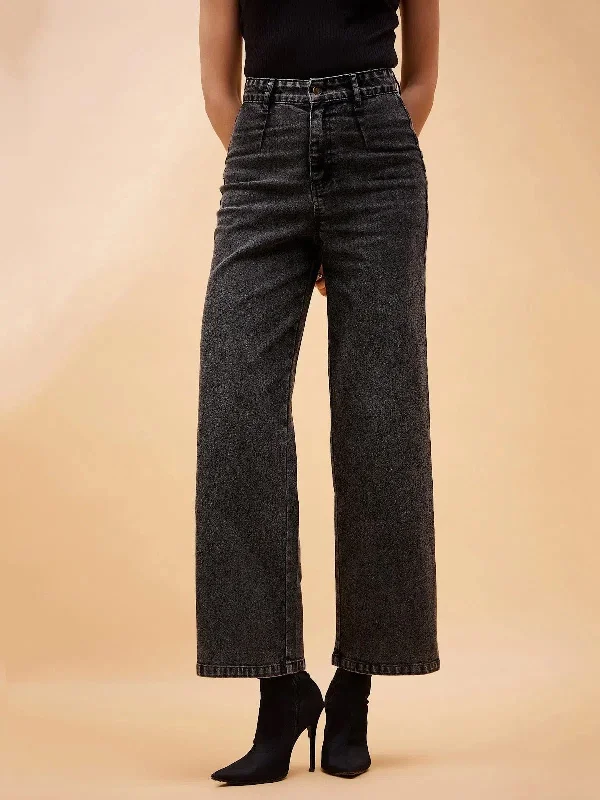 Women Black High Waist Front Dart Jeans Chic Cropped Jeans