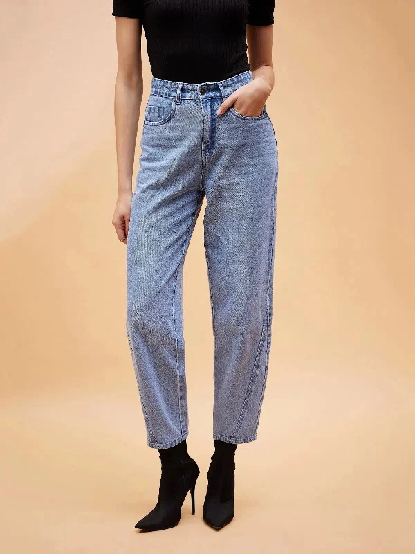 Women Ice Blue Balloon Fit Jeans Chic Cropped Jeans